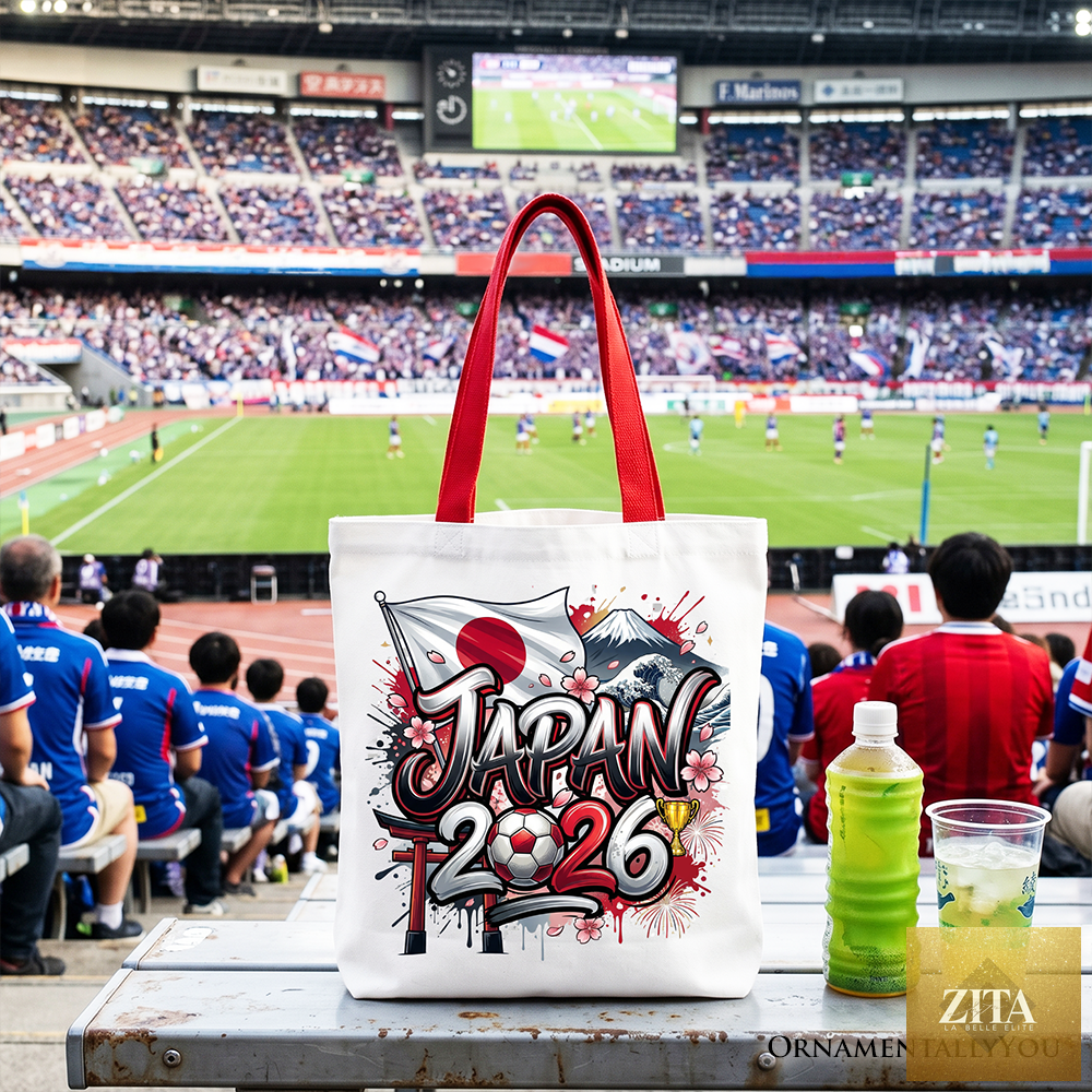 White Japan 2026 Soccer Cup tote bag by Zita La Belle Elite featuring Japan national team graphics for football fans and shoppers.