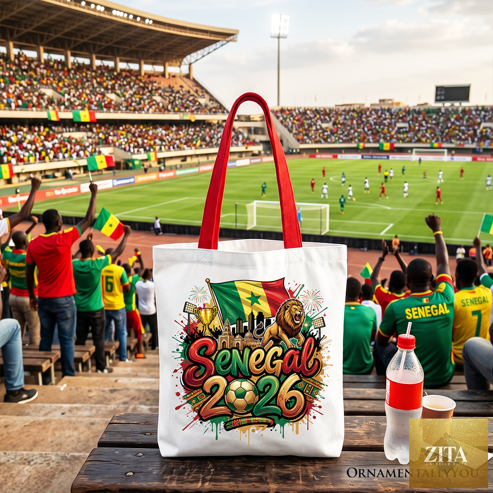 White Senegal 2026 Soccer Cup tote bag by Zita La Belle Elite featuring team logo and football design for fans and shoppers.