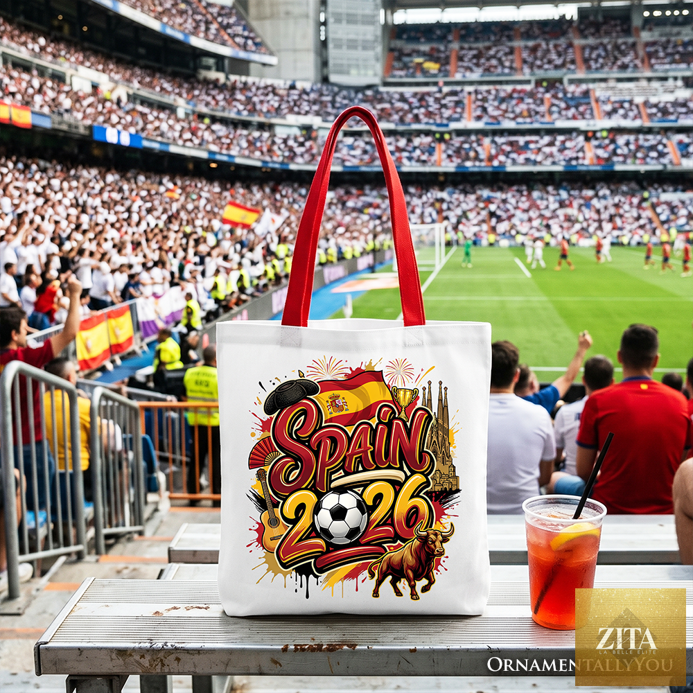 White Spain 2026 Soccer Cup tote bag by OrnamentallyYou with red accents, featuring global championship and fans football design.