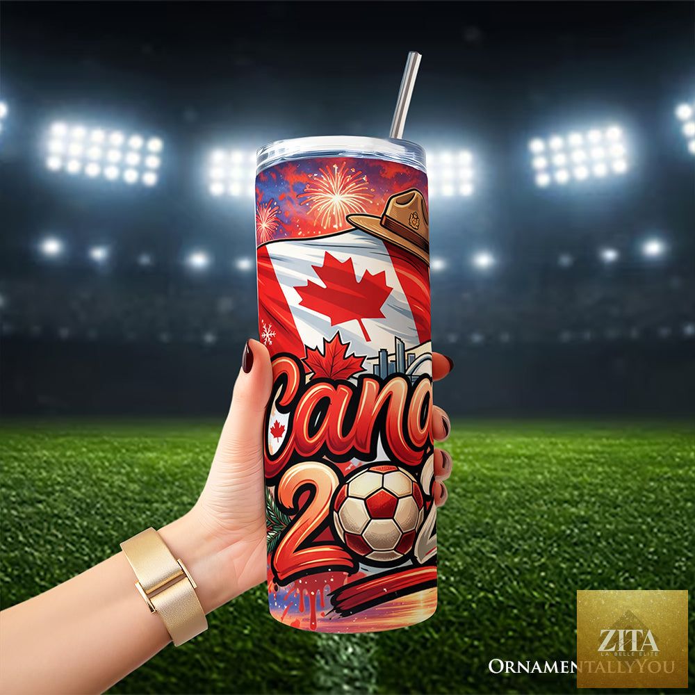 Zita La Belle Elite 20oz Canada 2026 Soccer Cup tumbler with lid and stainless steel straw, ideal for football fans.