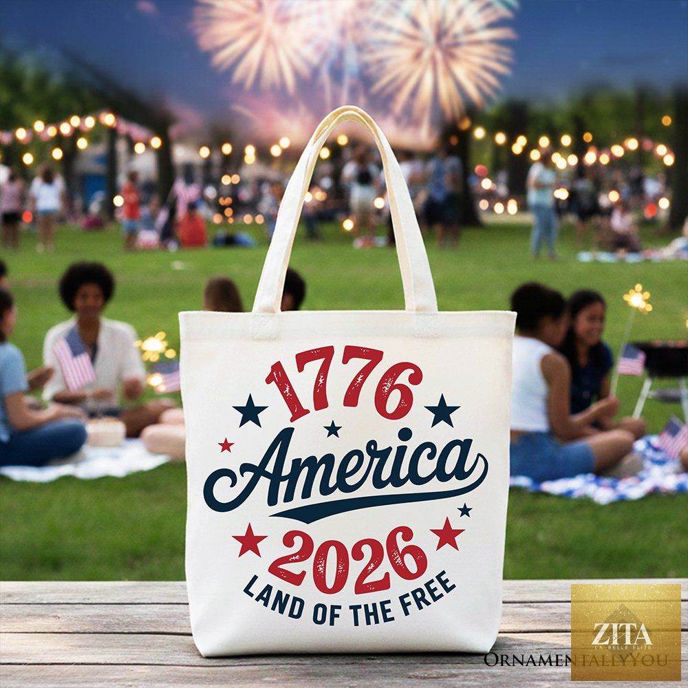 Patriotic America 1776-2026 Land of the Free canvas tote bag with American flag design, celebrating 250 years of independence.
