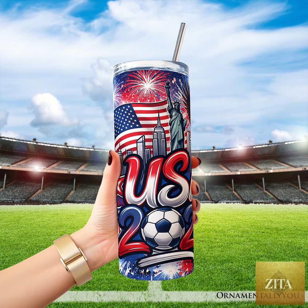 Zita La Belle Elite USA 2026 Soccer Cup 20oz tumbler with lid and stainless steel straw, featuring fan football design.