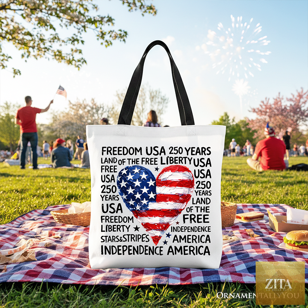 White and black USA 250 Heart patriotic tote bag by OrnamentallyYou, featuring a retro 4th of July design for gift shopping.