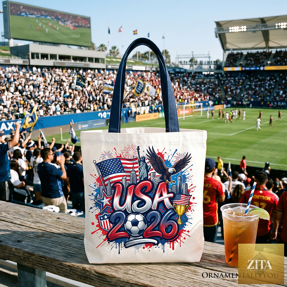 White and navy USA 2026 Soccer Cup tote bag by Zita La Belle Elite with bold football graphics, perfect for fans and sports events.