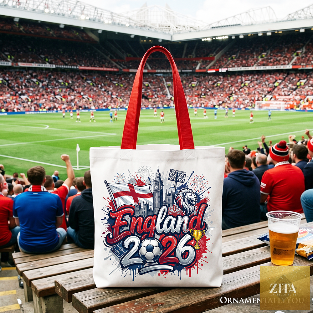 White and red England 2026 Soccer Cup tote bag by Zita La Belle Elite, featuring football graphics, perfect for fans and shoppers.