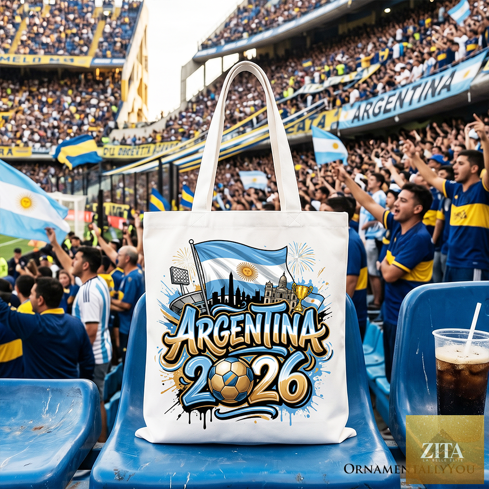 White Argentina 2026 Soccer Cup tote bag with global championship logo, ideal for football fans and sports events.