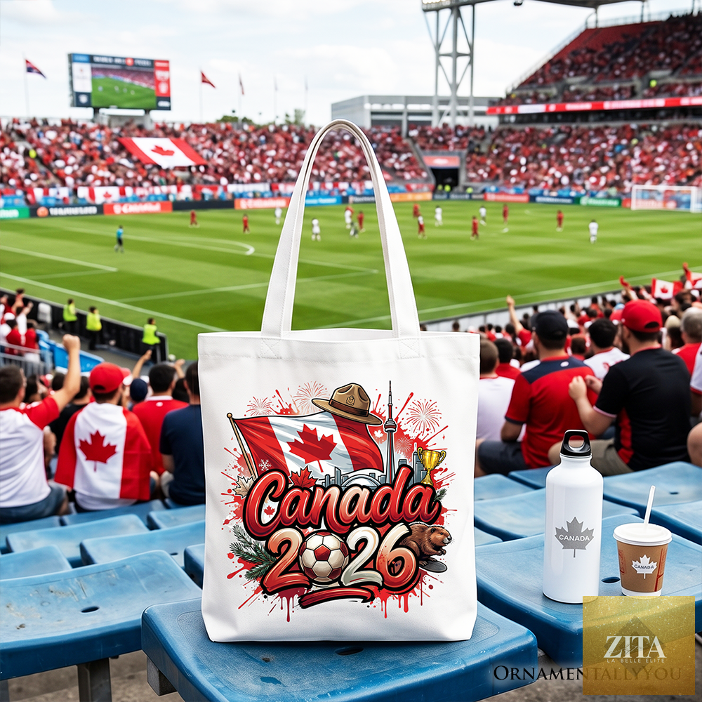 White Canada 2026 Soccer Cup tote bag by OrnamentallyYou featuring global championship logo, perfect for football fans and shoppers.