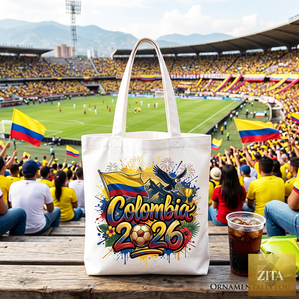 White Colombia 2026 Soccer Cup tote bag by Zita La Belle Elite with football-themed design, perfect for fans and sports events.