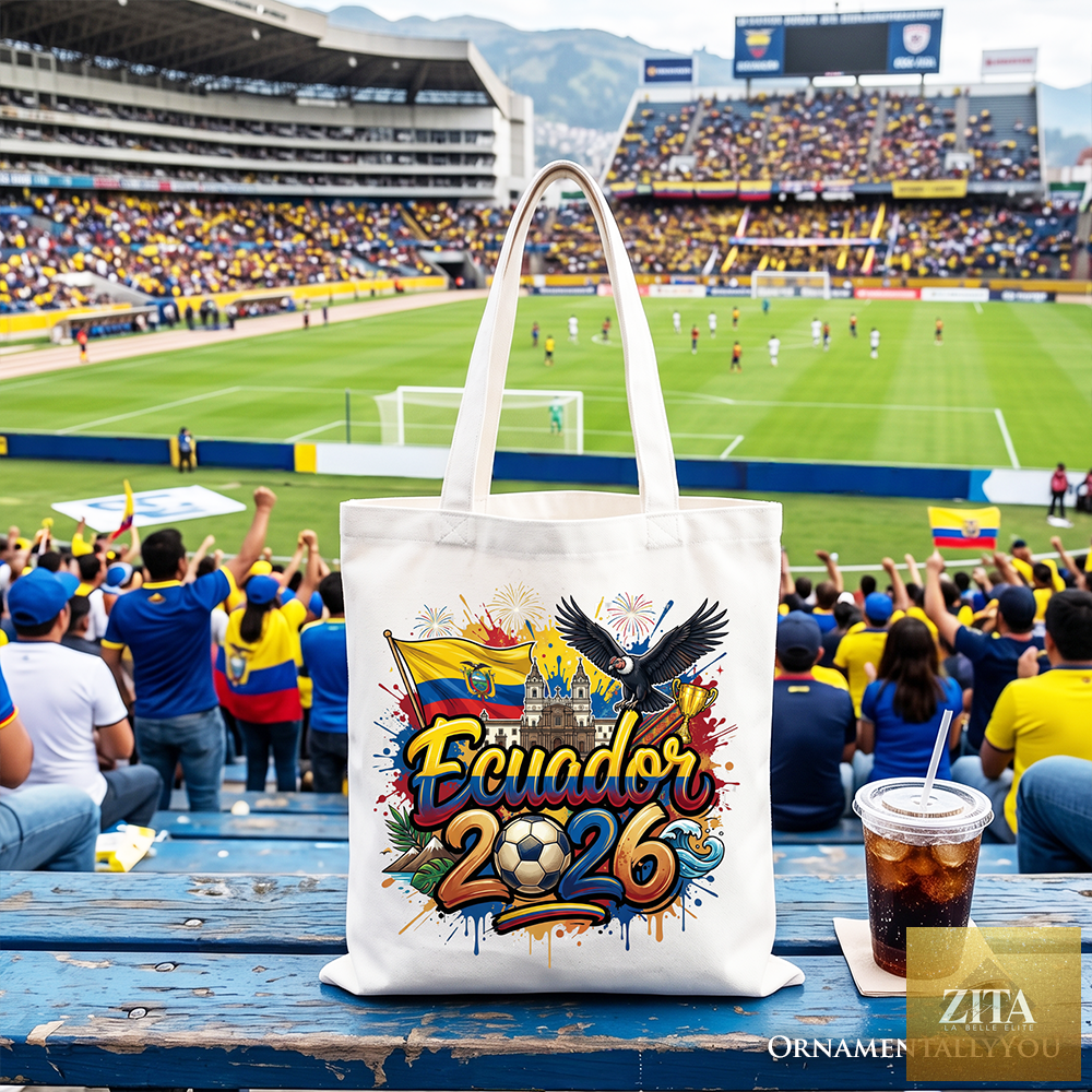 White Ecuador 2026 Soccer Cup tote bag by Zita La Belle Elite, featuring global championship graphics for football fans.