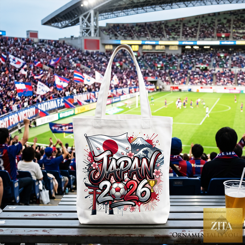 White Japan 2026 Soccer Cup tote bag by Zita La Belle Elite, featuring global championship graphics for football fans.