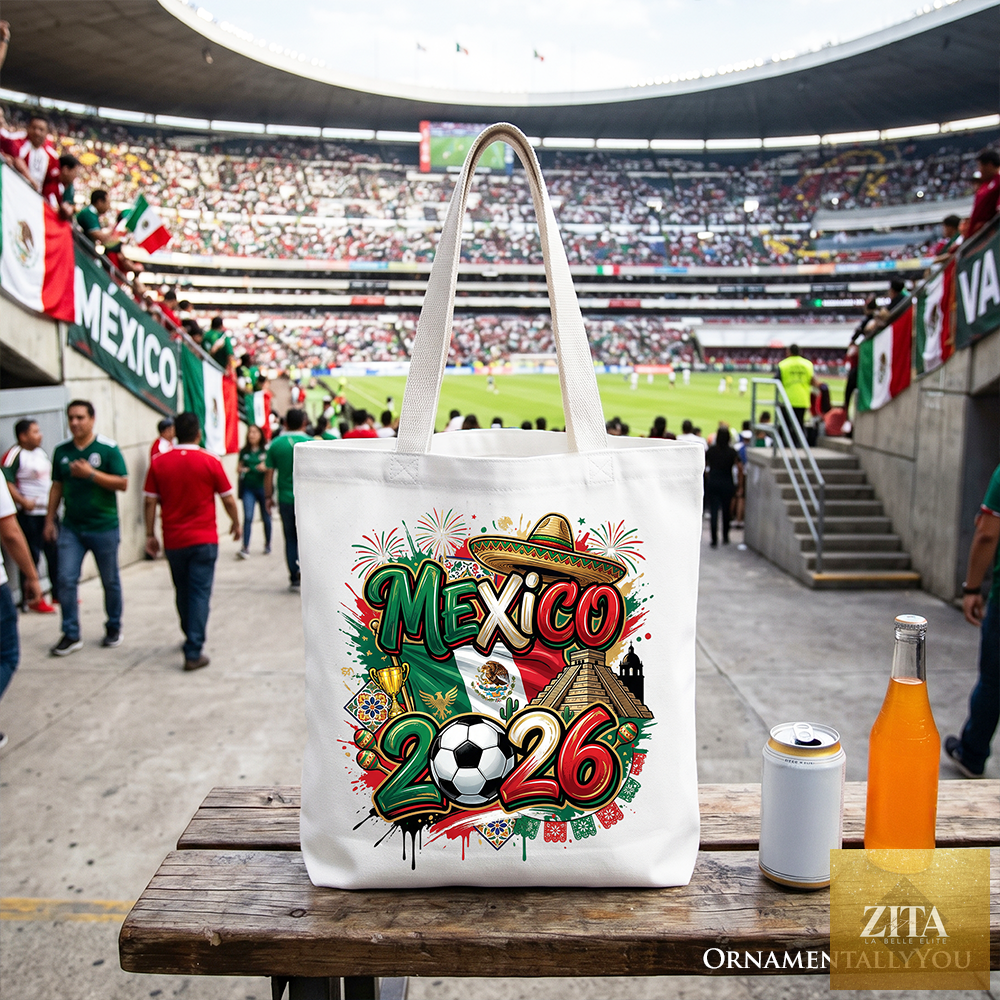 White Mexico 2026 Soccer Cup tote bag by Zita La Belle Elite with global championship design, ideal for football fans and shoppers.
