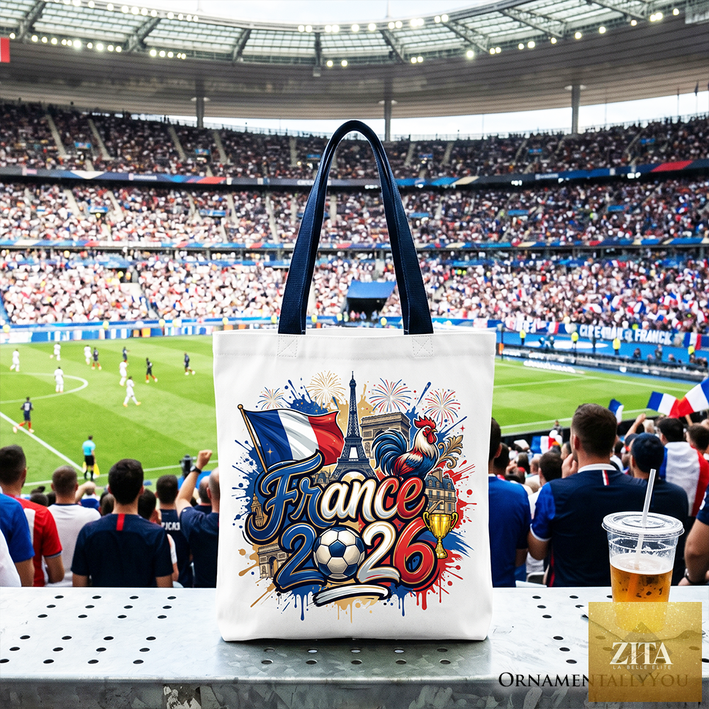 Zita La Belle Elite France 2026 Soccer Cup tote bag in white and navy with football graphics, ideal for fans and shoppers.