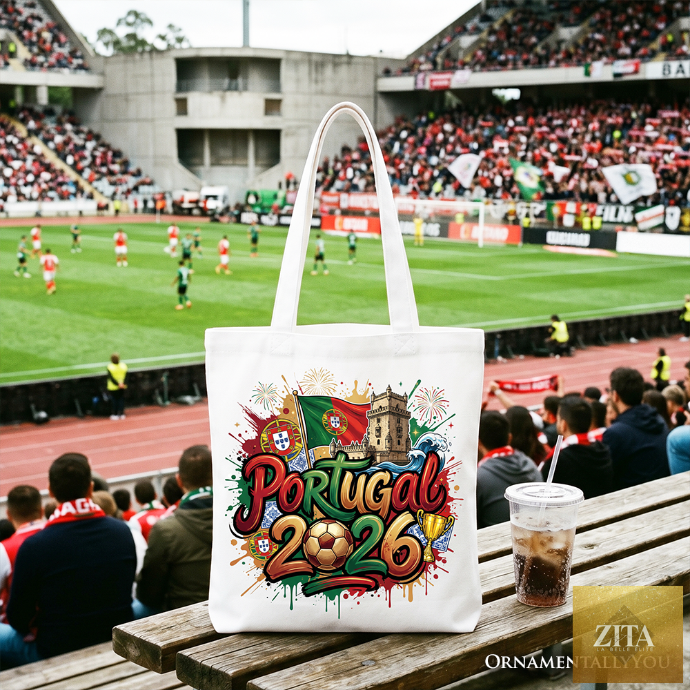 White Portugal 2026 Soccer Cup tote bag by Zita La Belle Elite, featuring global championship design for football fans.