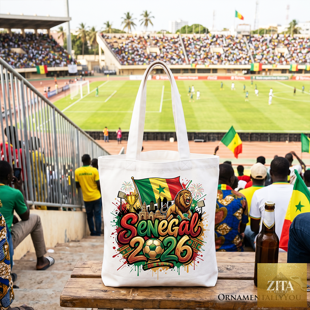 White Senegal 2026 Soccer Cup tote bag by Zita La Belle Elite, featuring team graphics, perfect for football fans and shoppers.