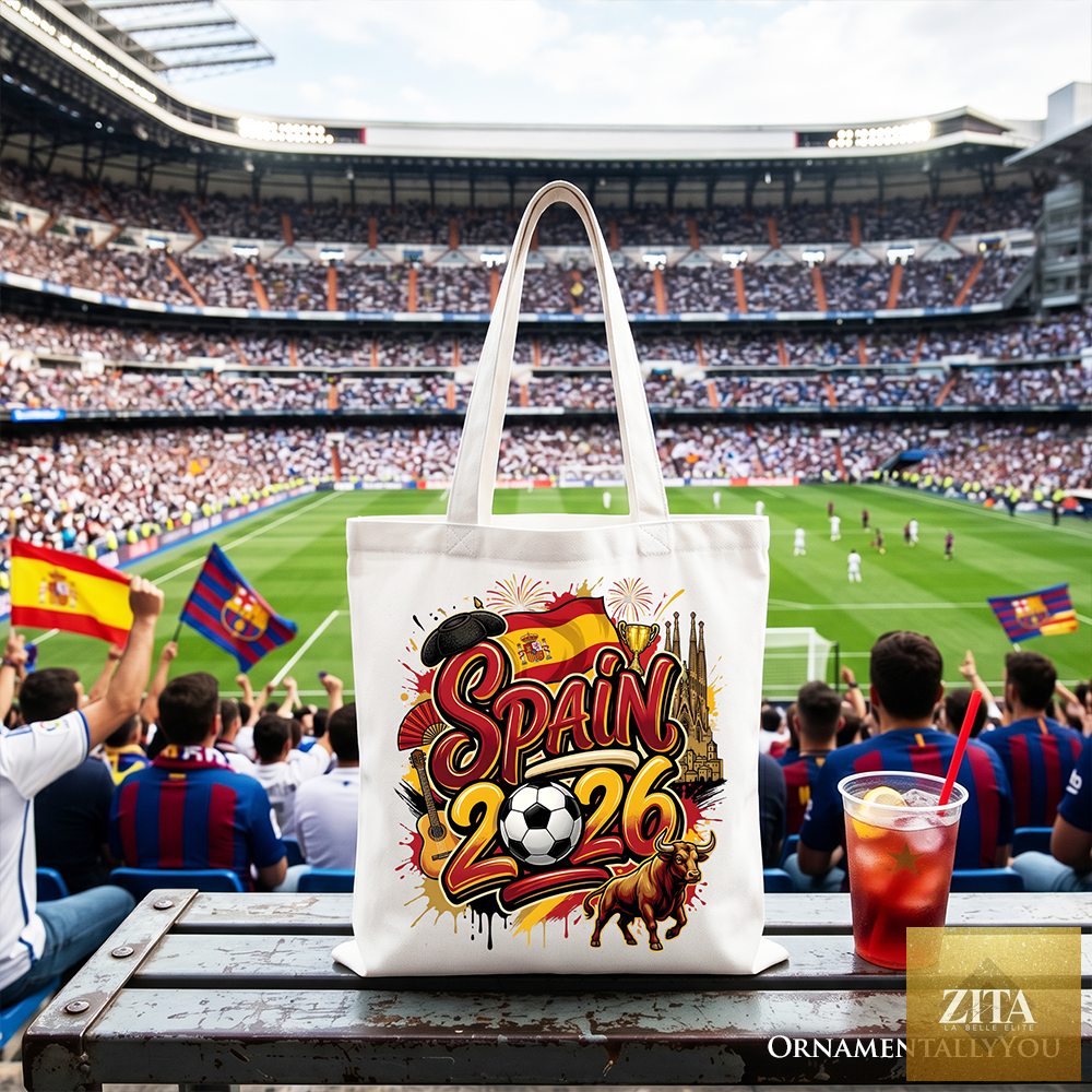 White Spain 2026 Soccer Cup tote bag with global championship design, perfect for football fans and sports gift shoppers.