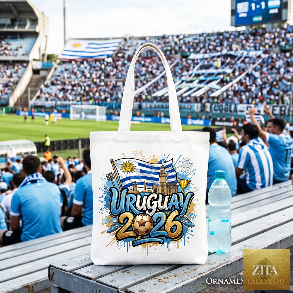 White Uruguay 2026 Soccer Cup tote bag by Zita La Belle Elite, featuring football-themed design for fans and sports enthusiasts.