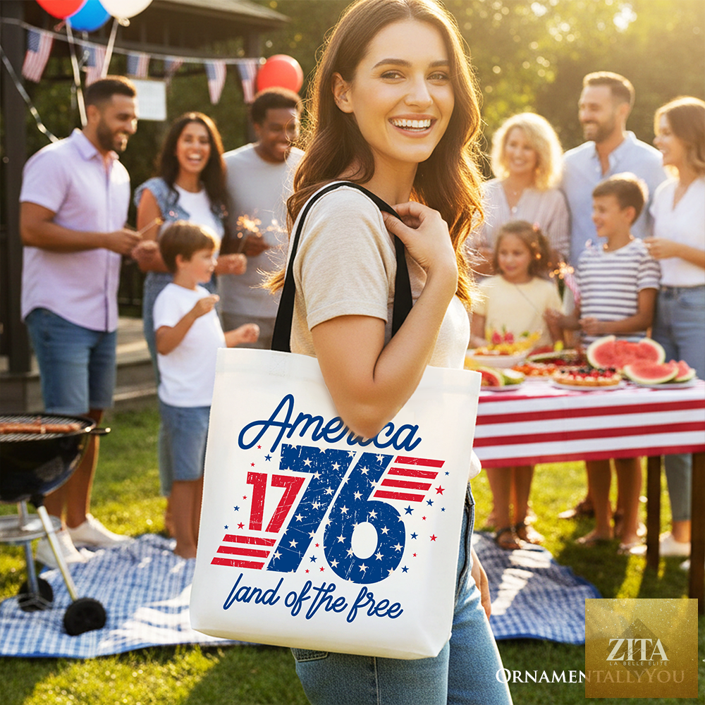 Vintage America 1776 Land of the Free tote bag by Zita La Belle Elite with patriotic 4th of July design and bold text.