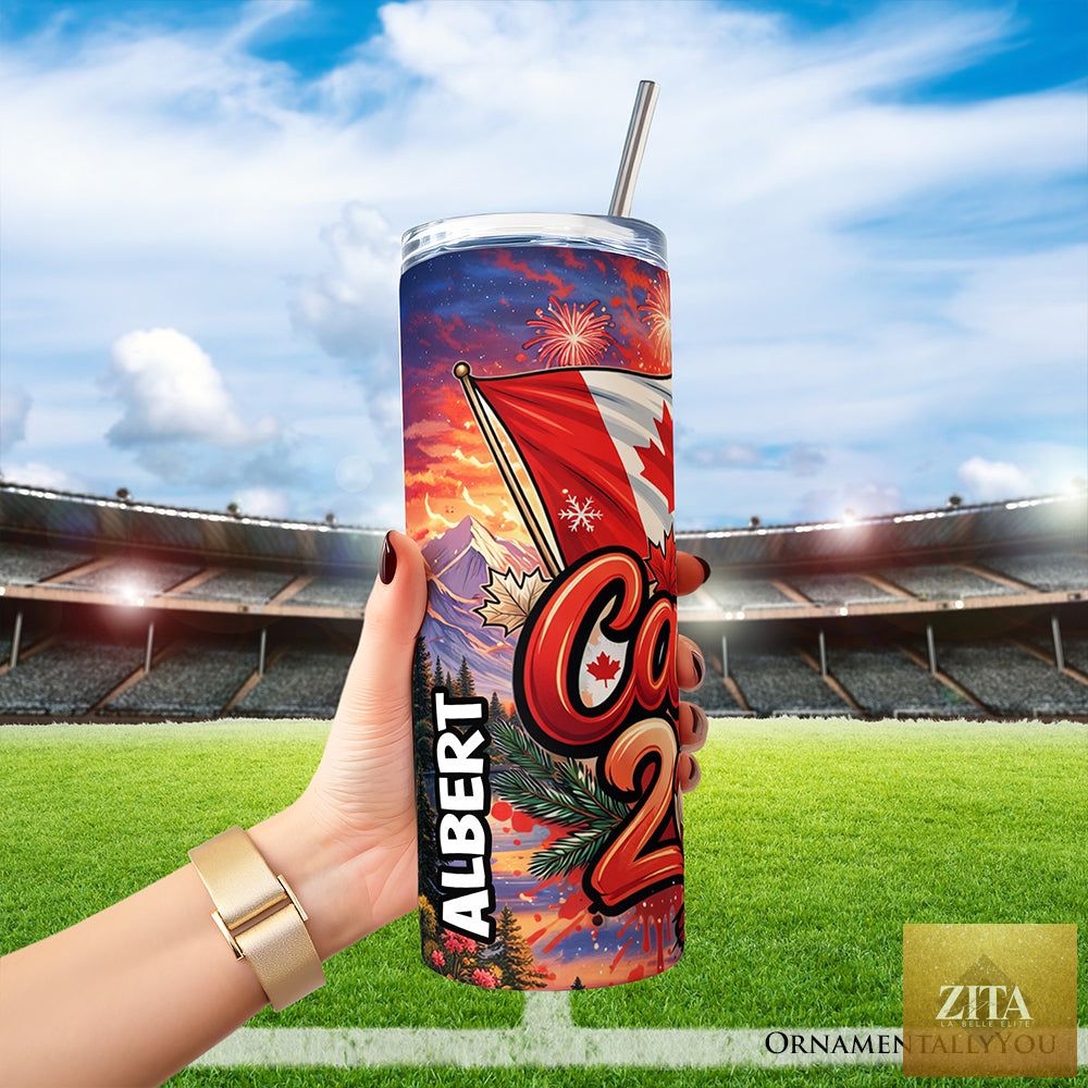 Canada 2026 Soccer Cup tumbler by Zita La Belle Elite, 20oz stainless steel with lid and straw, ideal for football fans.