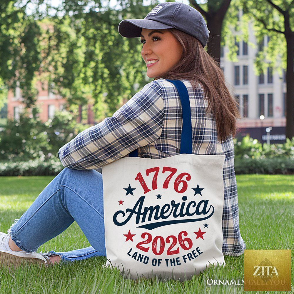 Patriotic America 1776-2026 Land of the Free canvas tote bag with patriotic design, perfect for Independence Day celebrations.