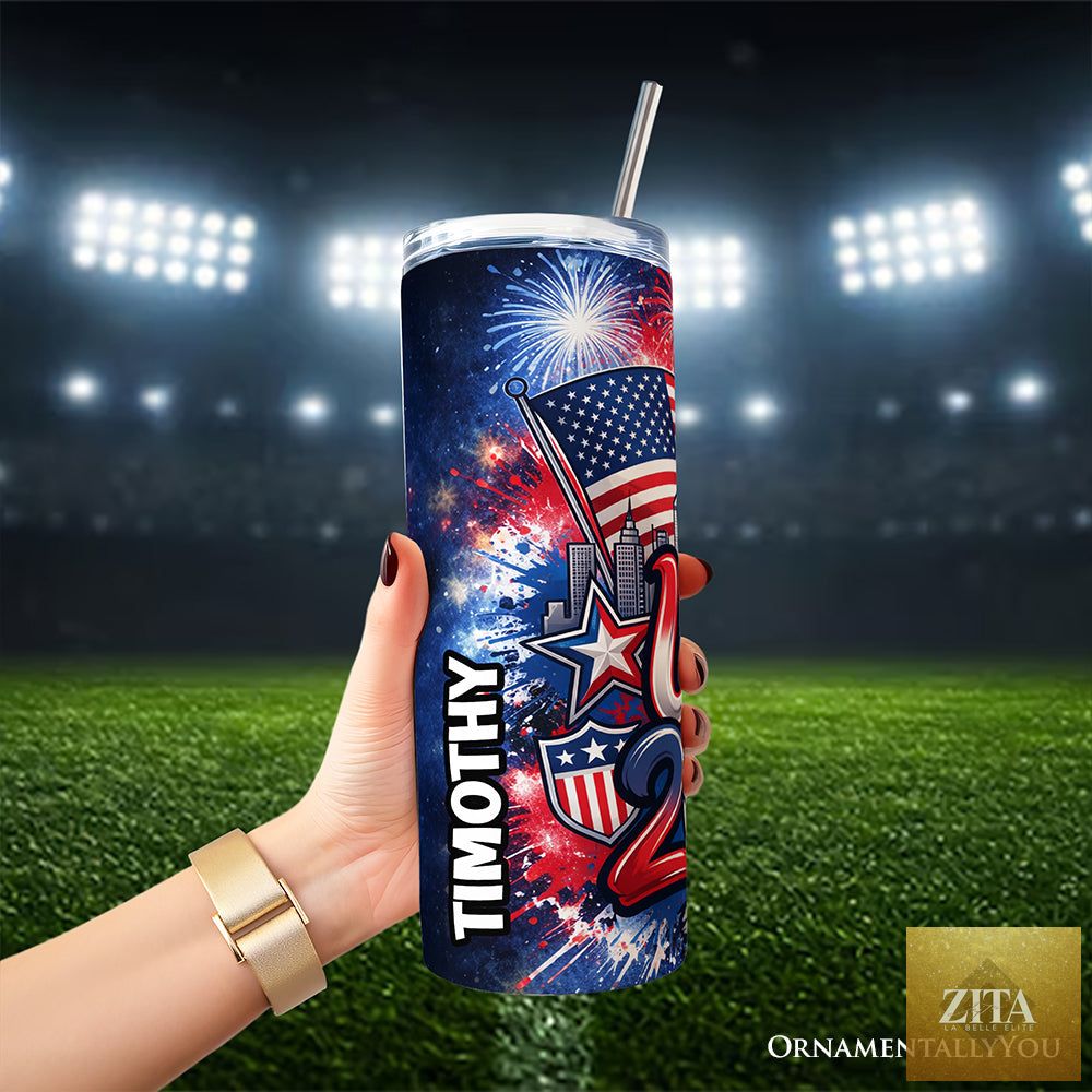 Zita La Belle Elite USA 2026 Soccer Cup 20oz tumbler with lid and stainless steel straw, featuring football fan design.
