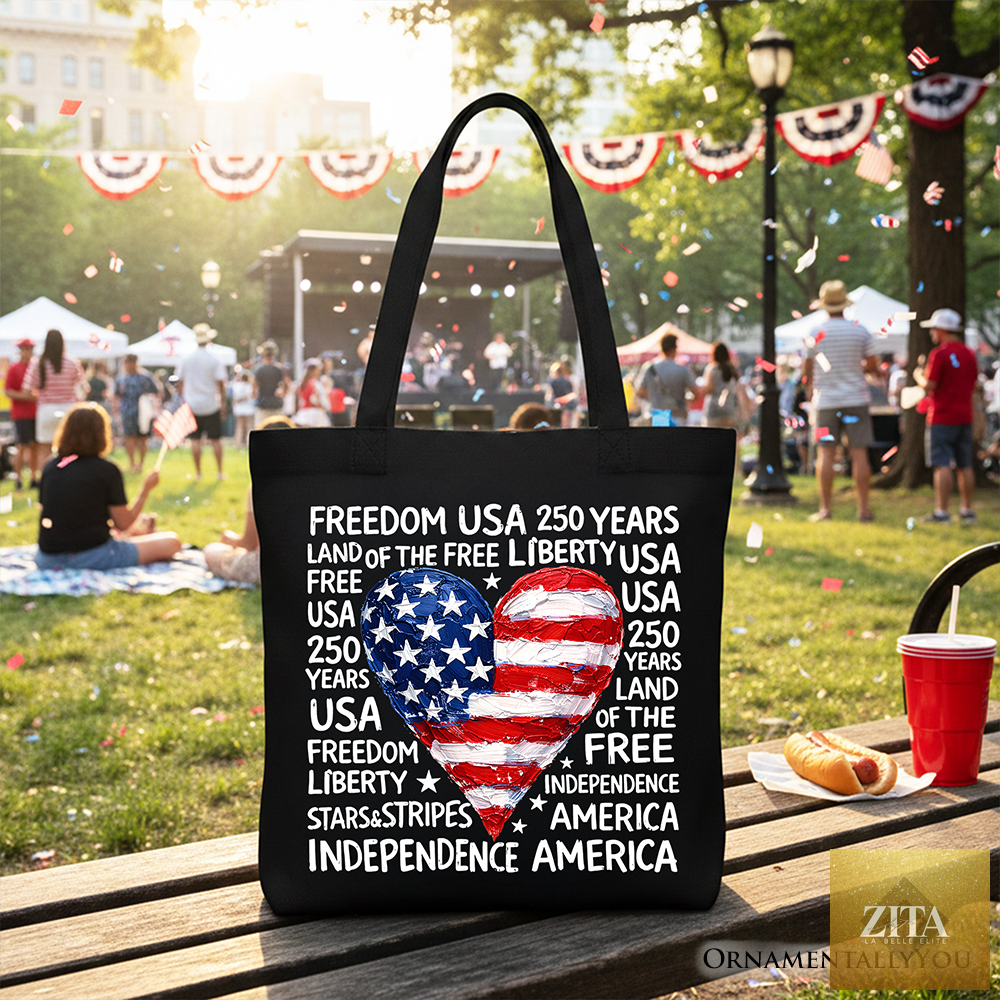 Black USA 250 Heart Patriotic tote bag by OrnamentallyYou with red, white, and blue design for 4th of July celebrations.