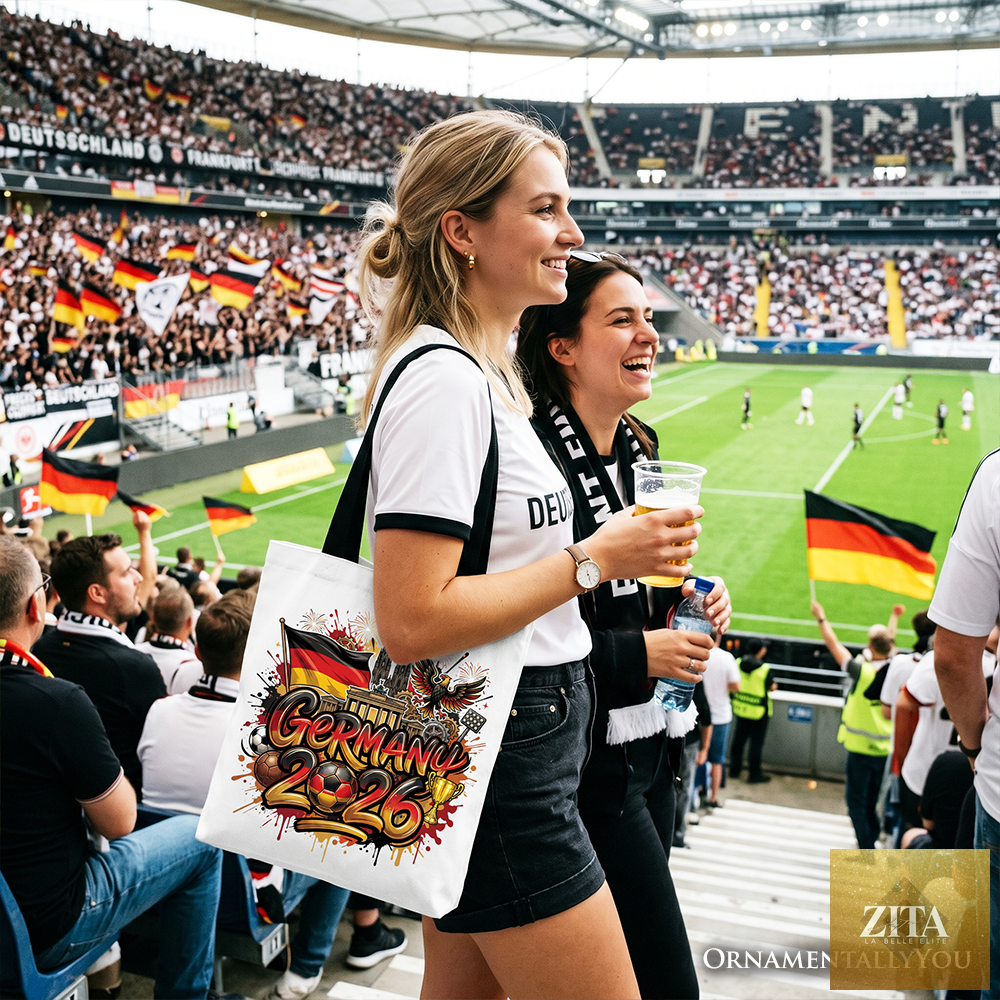 White and black Germany 2026 Soccer Cup tote bag by Zita La Belle Elite, featuring global championship graphics and fan-themed design.