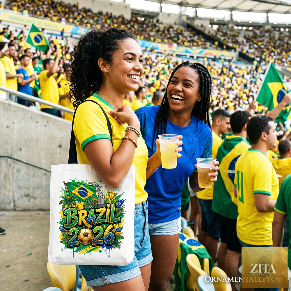 White and black Brazil 2026 Soccer Cup tote bag by OrnamentallyYou, featuring football-themed design for fans and sports enthusiasts.