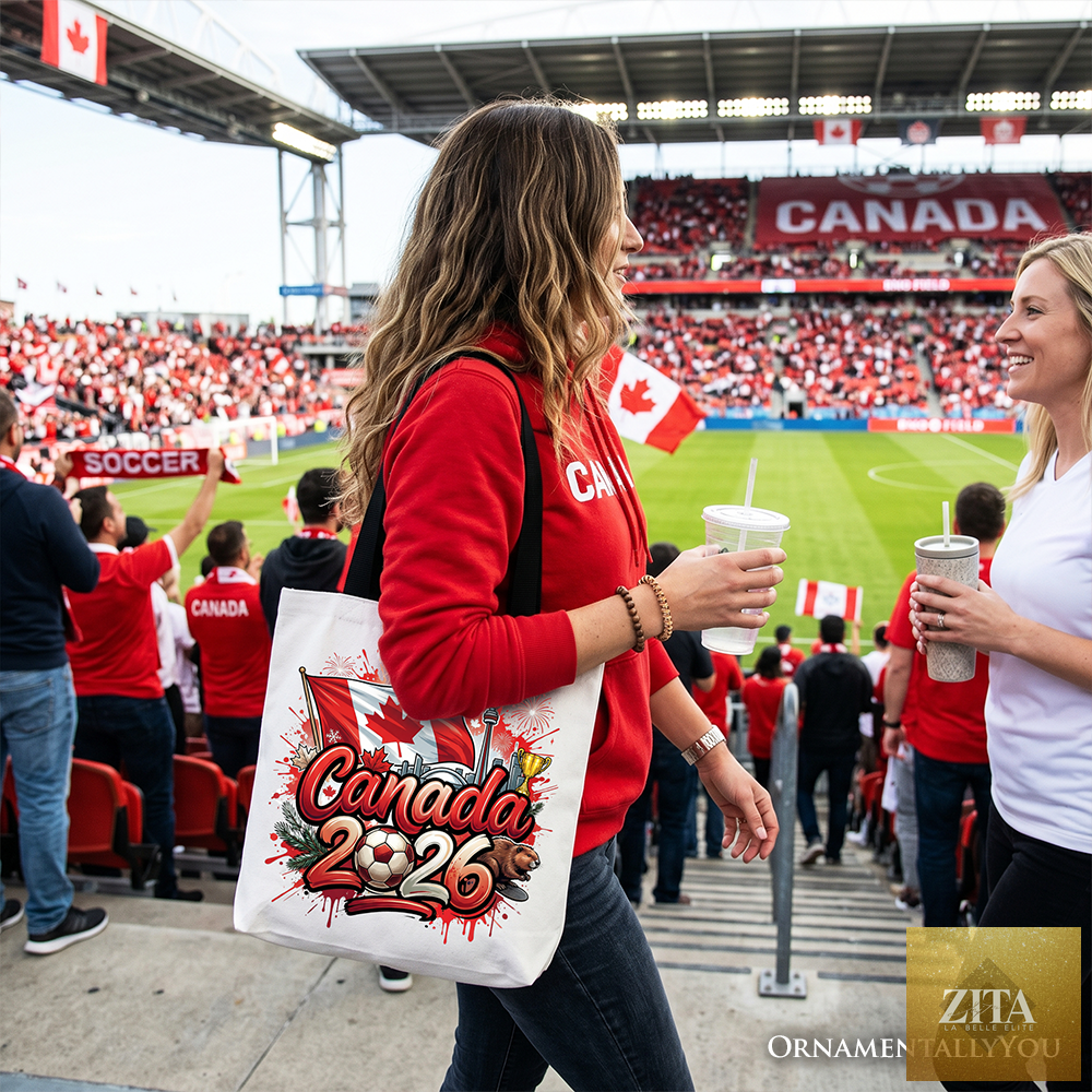 White and black Canada 2026 Soccer Cup tote bag by OrnamentallyYou, featuring global championship and fan football design.