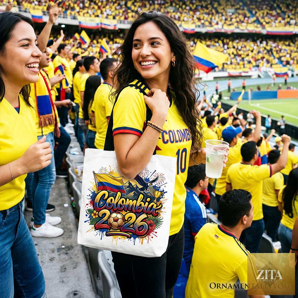 White and black Colombia 2026 Soccer Cup tote bag by Zita La Belle Elite, featuring football-themed design for fans and shoppers.