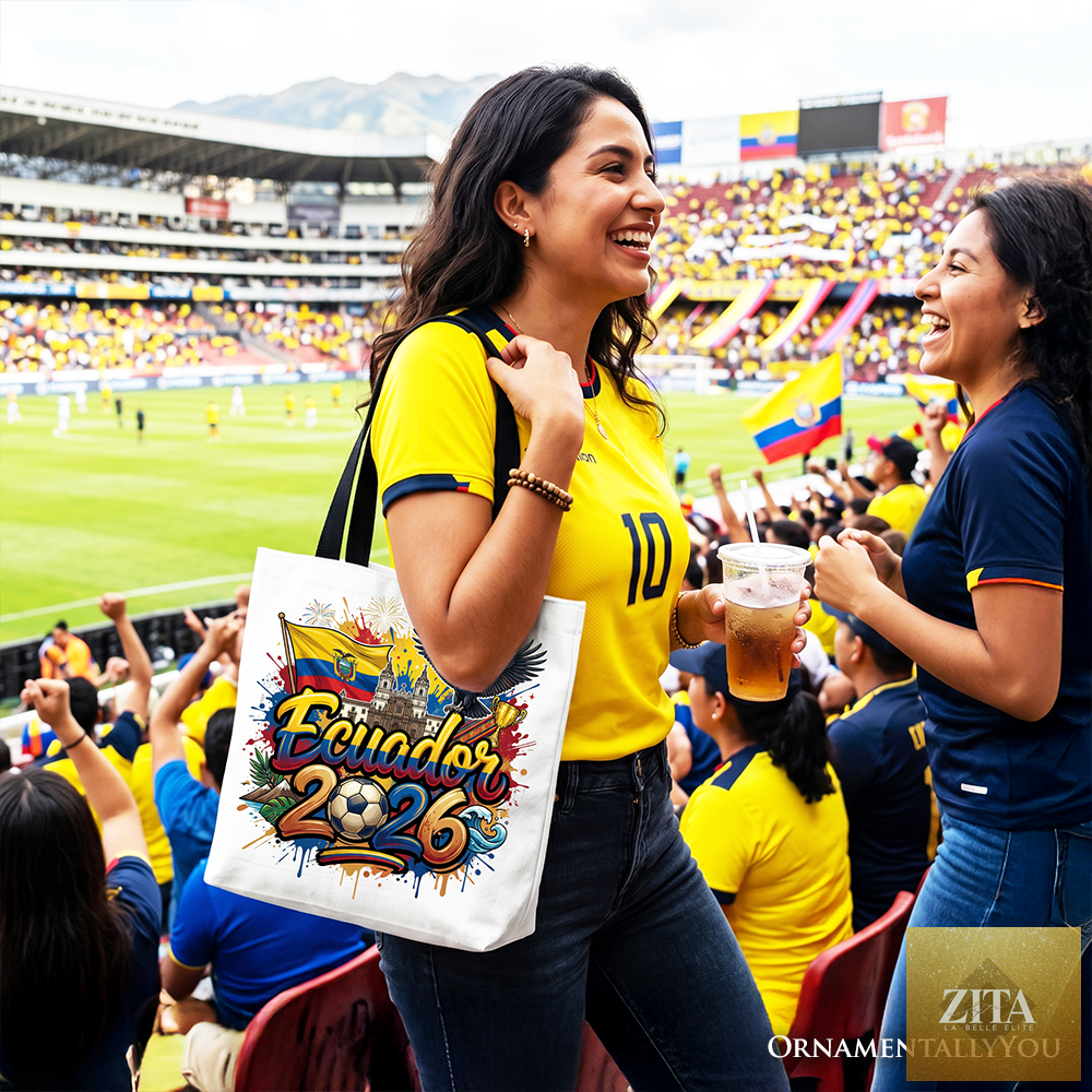 White and black Ecuador 2026 Soccer Cup tote bag by Zita La Belle Elite, featuring global championship graphics for football fans.