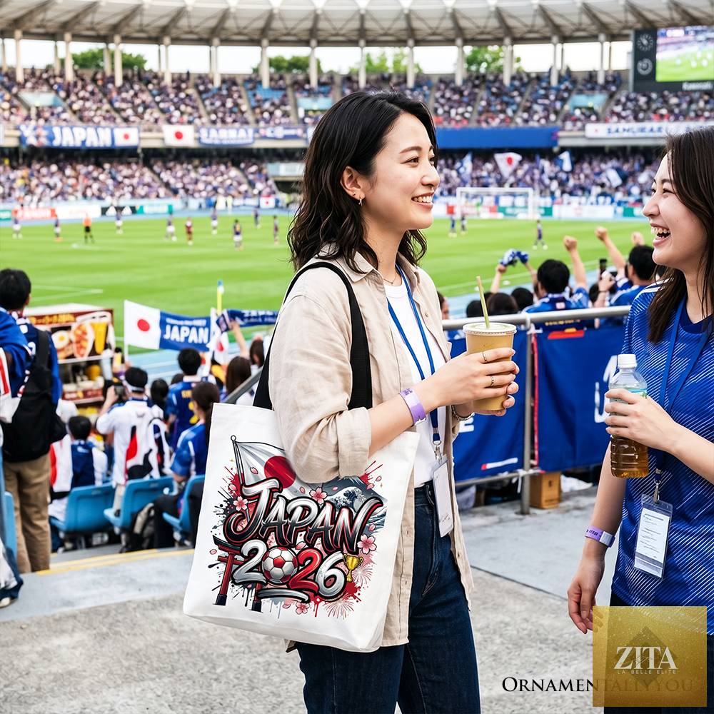 White and black Japan 2026 Soccer Cup tote bag by Zita La Belle Elite, featuring global championship logo and fan-friendly design.