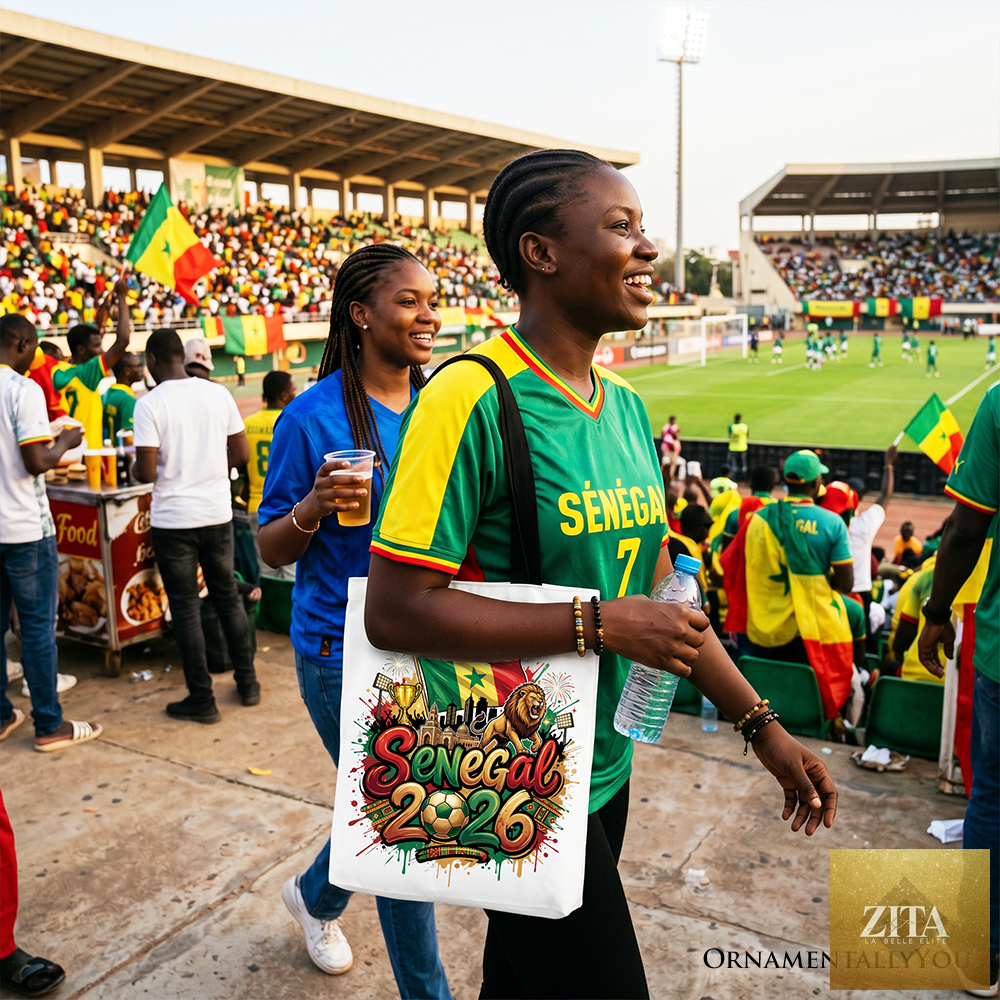 Zita La Belle Elite Senegal 2026 Soccer Cup tote bag with black and white design, perfect for football fans and sports shoppers.