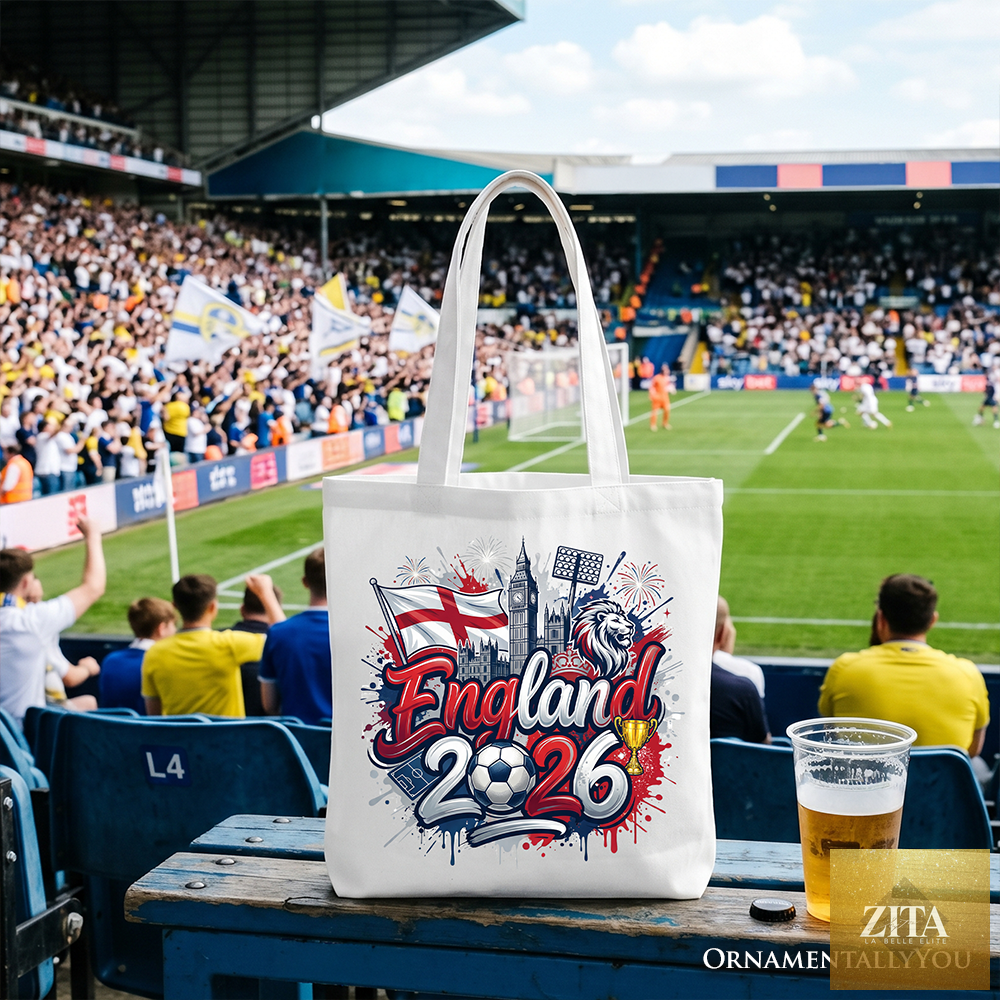 White England 2026 Soccer Cup tote bag by Zita La Belle Elite featuring global championship graphics for football fans.