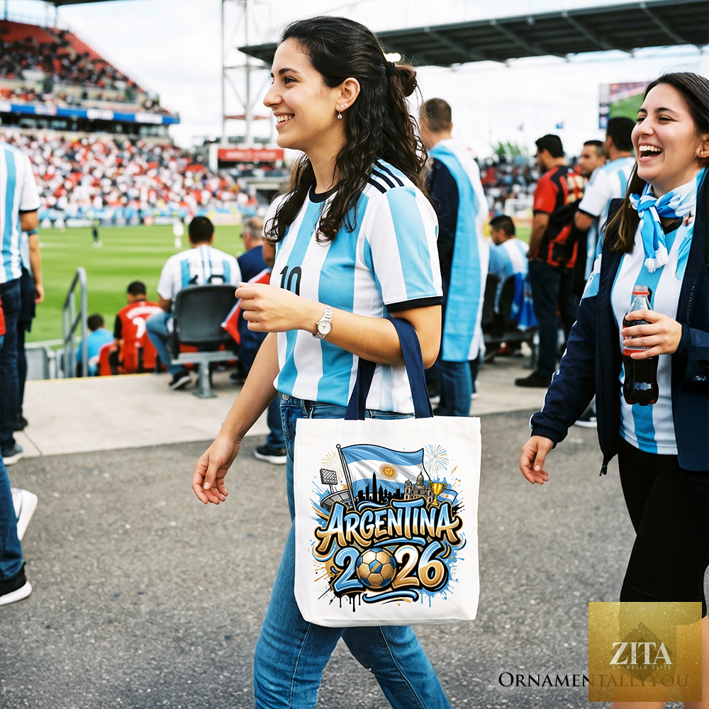 White navy Argentina 2026 Soccer Cup tote bag by OrnamentallyYou, featuring a football-themed design for fans and shoppers.
