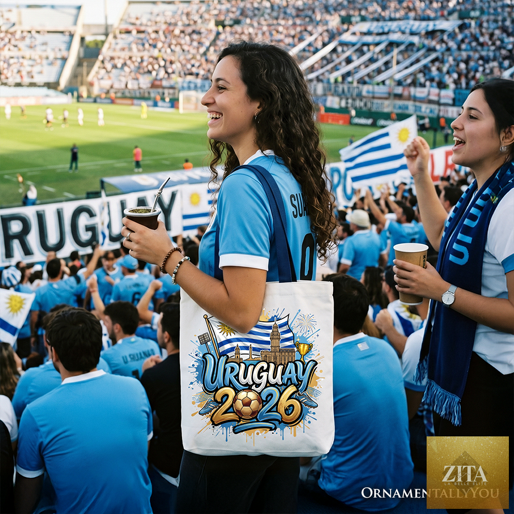 White and navy Uruguay 2026 Soccer Cup tote bag by Zita La Belle Elite, featuring championship graphics for football fans.