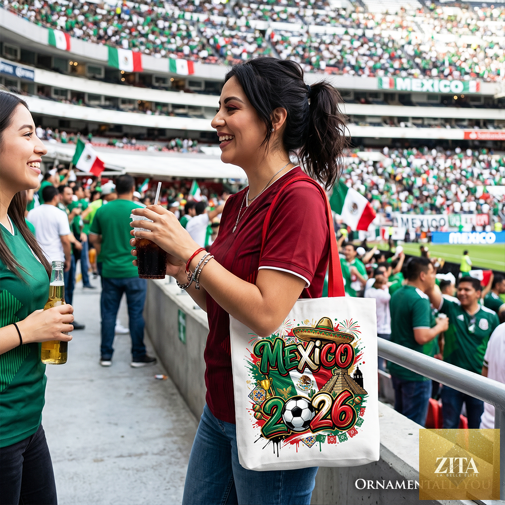White Zita La Belle Elite tote bag featuring Mexico 2026 Soccer Cup design, ideal for football fans and sports event shoppers.