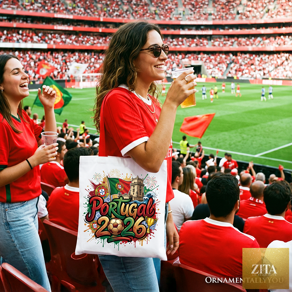 White Portugal 2026 Soccer Cup tote bag by Zita La Belle Elite with red accents, featuring a global championship design and football theme.