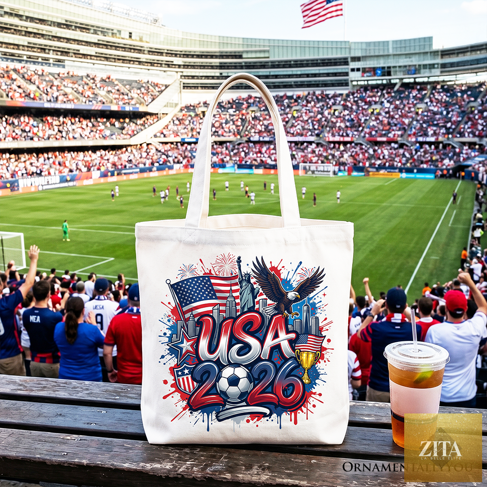 White USA 2026 Soccer Cup tote bag by Zita La Belle Elite featuring global championship graphics for fans and football enthusiasts.