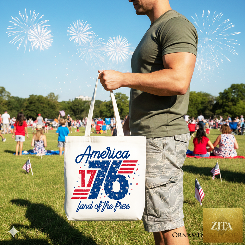 Vintage America 1776 Land of the Free tote bag by Zita La Belle Elite with patriotic design and 4th of July theme.