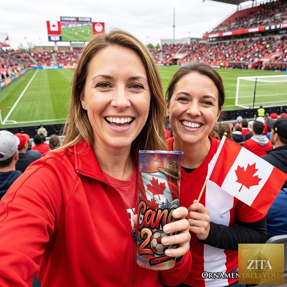 Zita La Belle Elite Canada 2026 Soccer Cup tumbler, 20oz stainless steel with lid and straw, featuring fans football design.