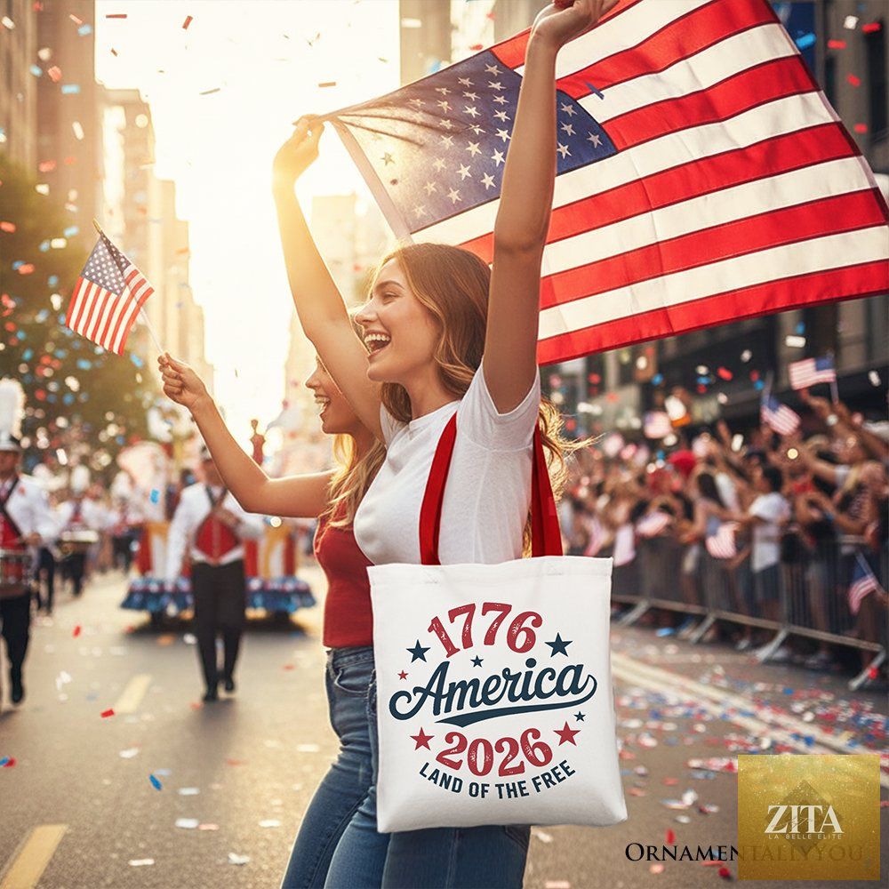 Patriotic America 1776-2026 Land of the Free canvas tote bag with American flag design, celebrating 250 years of independence.