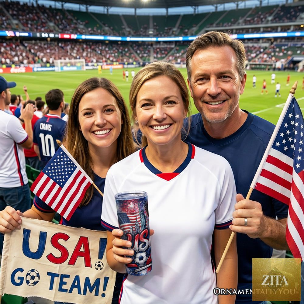 Zita La Belle Elite USA 2026 Soccer Cup 20oz tumbler with lid and stainless steel straw, featuring a football fan design.