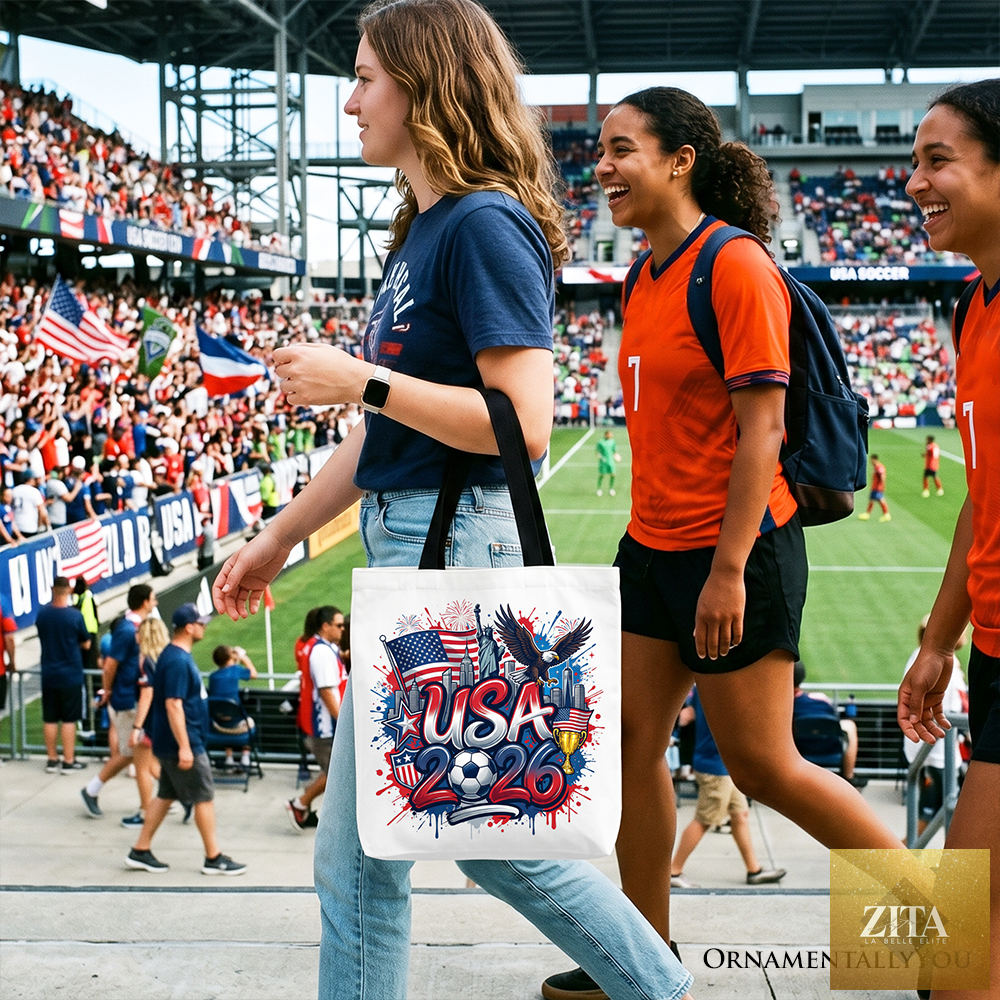 White and black USA 2026 Soccer Cup tote bag by Zita La Belle Elite featuring global championship and fan football design.
