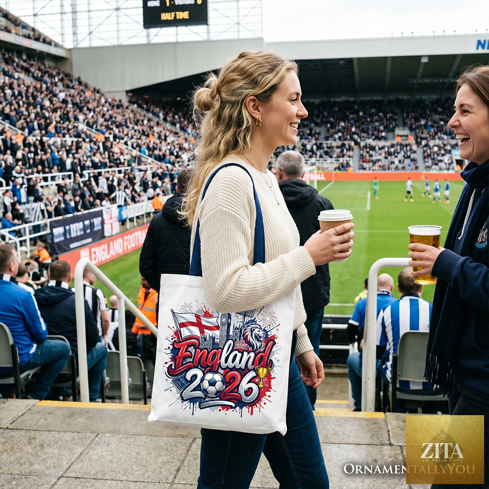 White and navy England 2026 Soccer Cup tote bag by Zita La Belle Elite featuring football-themed design for fans and shoppers.