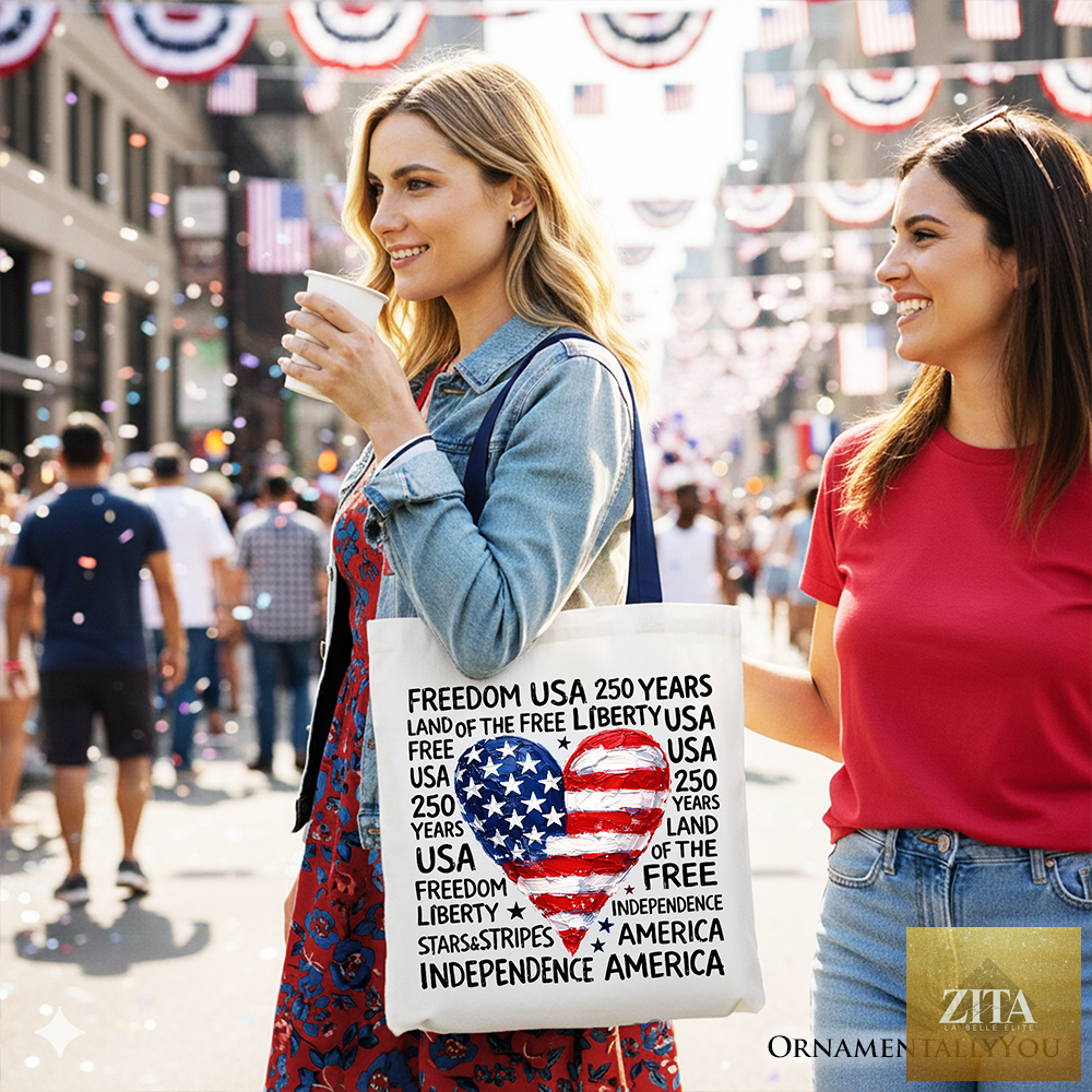 White and navy USA 250 heart patriotic tote bag by OrnamentallyYou featuring a retro 4th of July design, perfect for summer shopping.