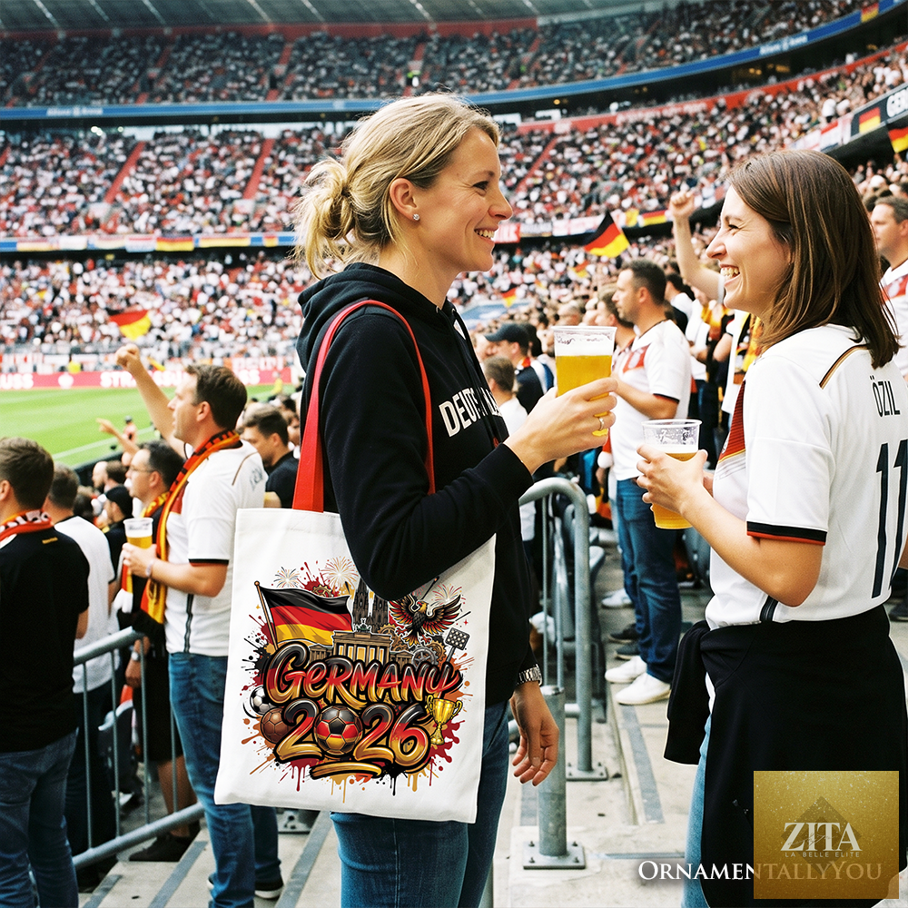 White and red Germany 2026 Soccer Cup tote bag by Zita La Belle Elite, featuring team graphics and ample space for fans' essentials