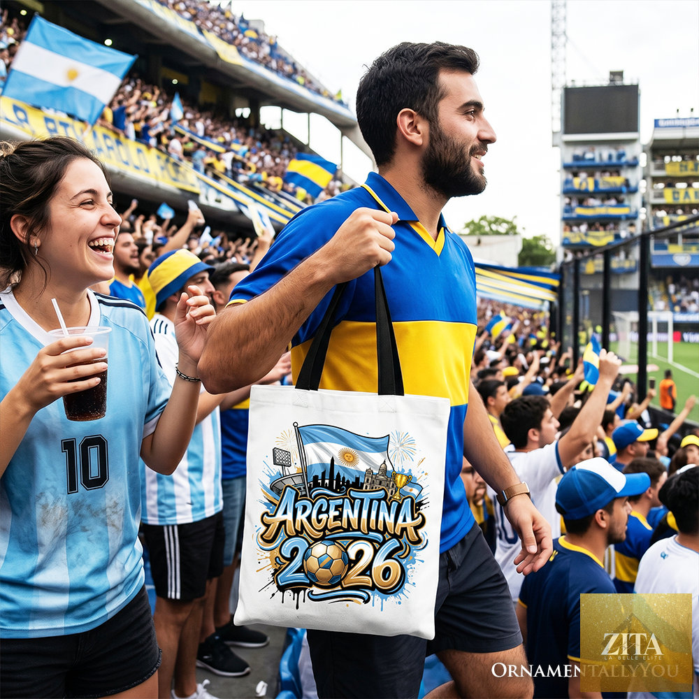 White Argentina 2026 Soccer Cup tote bag with black accents, featuring football-themed design and spacious shopper style.