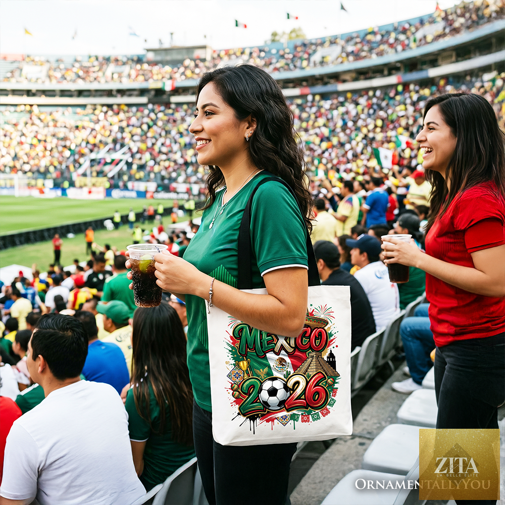 White and black Mexico 2026 Soccer Cup tote bag by Zita La Belle Elite, featuring global championship and fans football design.