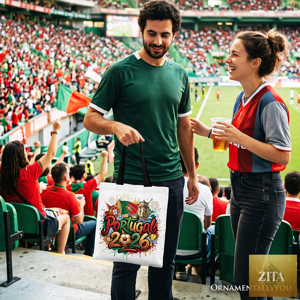 White Portugal 2026 Soccer Cup tote bag by Zita La Belle Elite, featuring global championship graphics and fan football design.