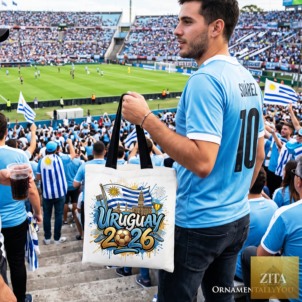 White and black Uruguay 2026 Soccer Cup tote bag by Zita La Belle Elite, featuring global championship and football fan design.